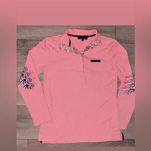 Simply Southern Size Small Long Sleeved Half Button Shirt Elbow Patch Pink GUC